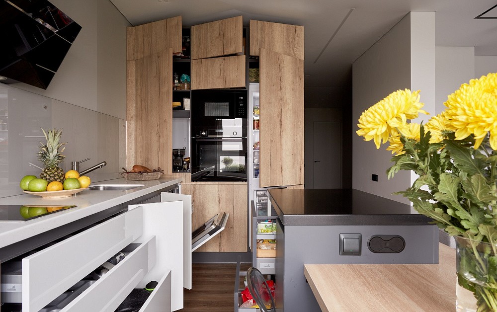 Необычная кухня в скандинавском стиле с островом