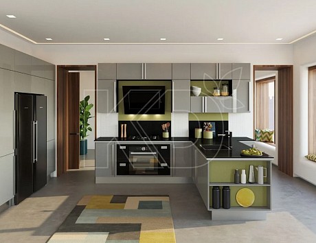 Угловая кухня в зеленом цвете